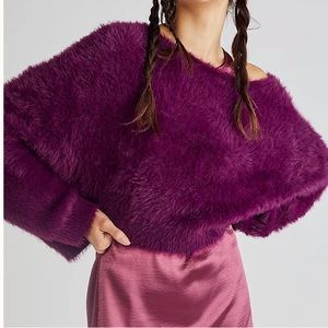Free People Plush Cropped Crewneck Sweater in Deep Plum